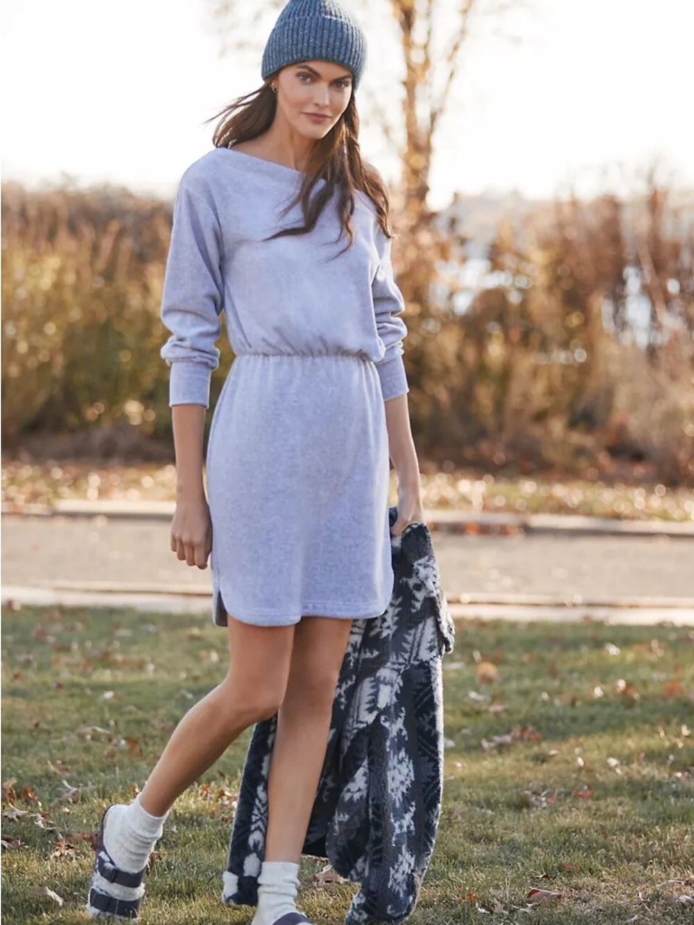 Daily Practice Anthropologie Off The Shoulder Velour Sweatshirt Dress Sz L